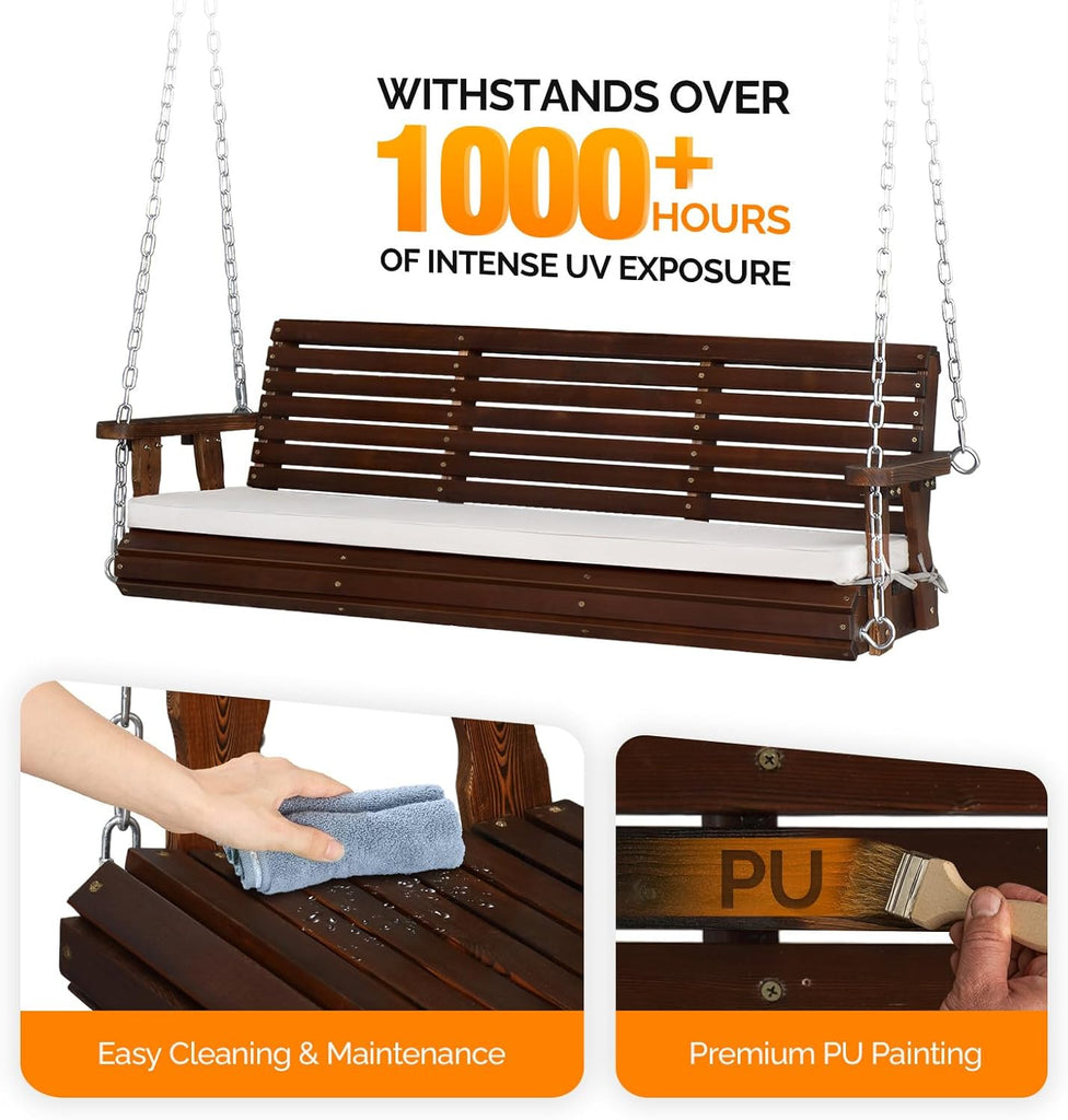 5 FT Heavy Duty Porch Swing with Cushion, 880 LBS Wooden, Rustic | Extra Cushion Included; Heavy-Duty Wood Frame;
