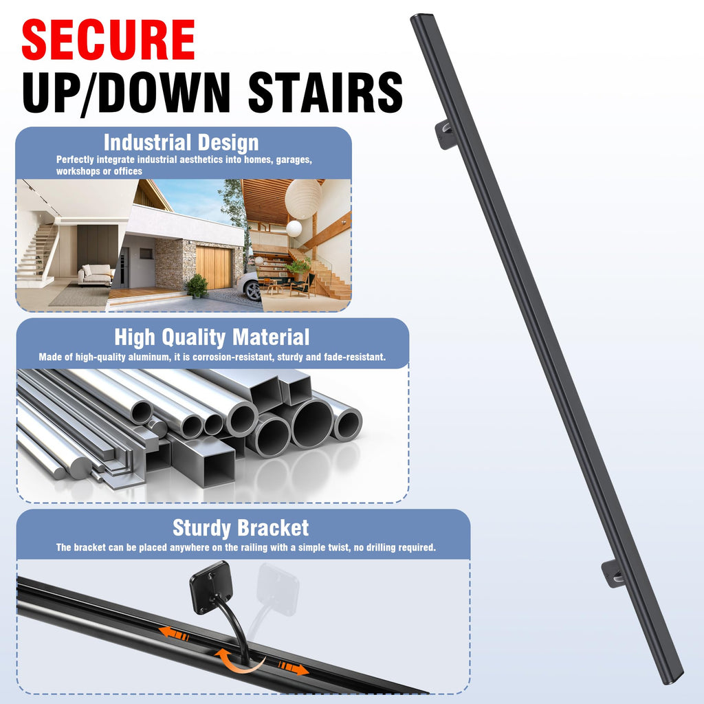 Industrial Stair Handrail Wall-Mounted Hand Rails for Indoor Stairs Black Pipe Stair Railing Indoor Metal Hand Rail