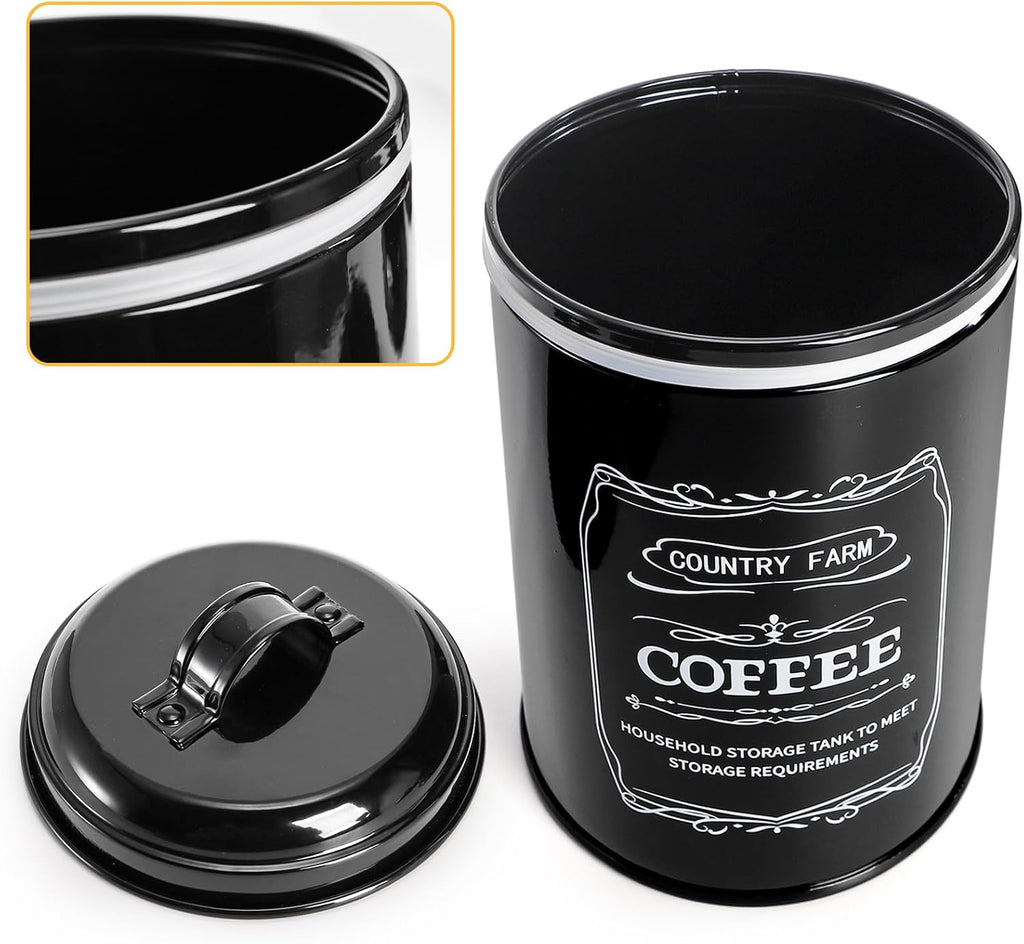 Metal Bread Box with 3 Kitchen Canisters Set, Large Black Farmhouse Bread Tin Countertop, Coffee Tea Sugar Canister - Set of 4