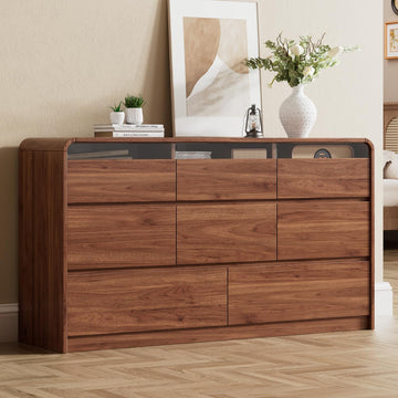 47.2" Dresser with 6 Drawer, Wide Dresser with Recessed Glass Display & Silent Metal Rails, Handleless Chest of