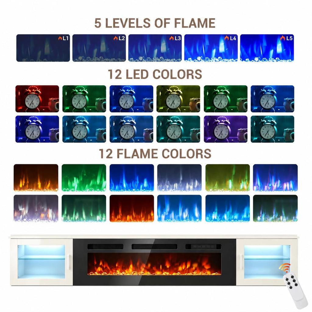 80" Floating TV Stand with 36" Electric Fireplace, White & Black