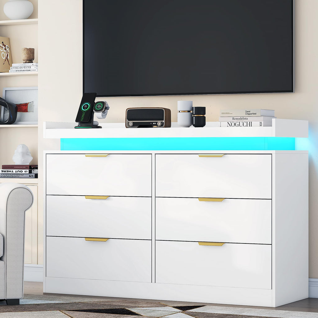 6 Drawer, White with LED Lights and Power Outlet, Wooden Dressers Chests of Drawers, Double Wide Dressers