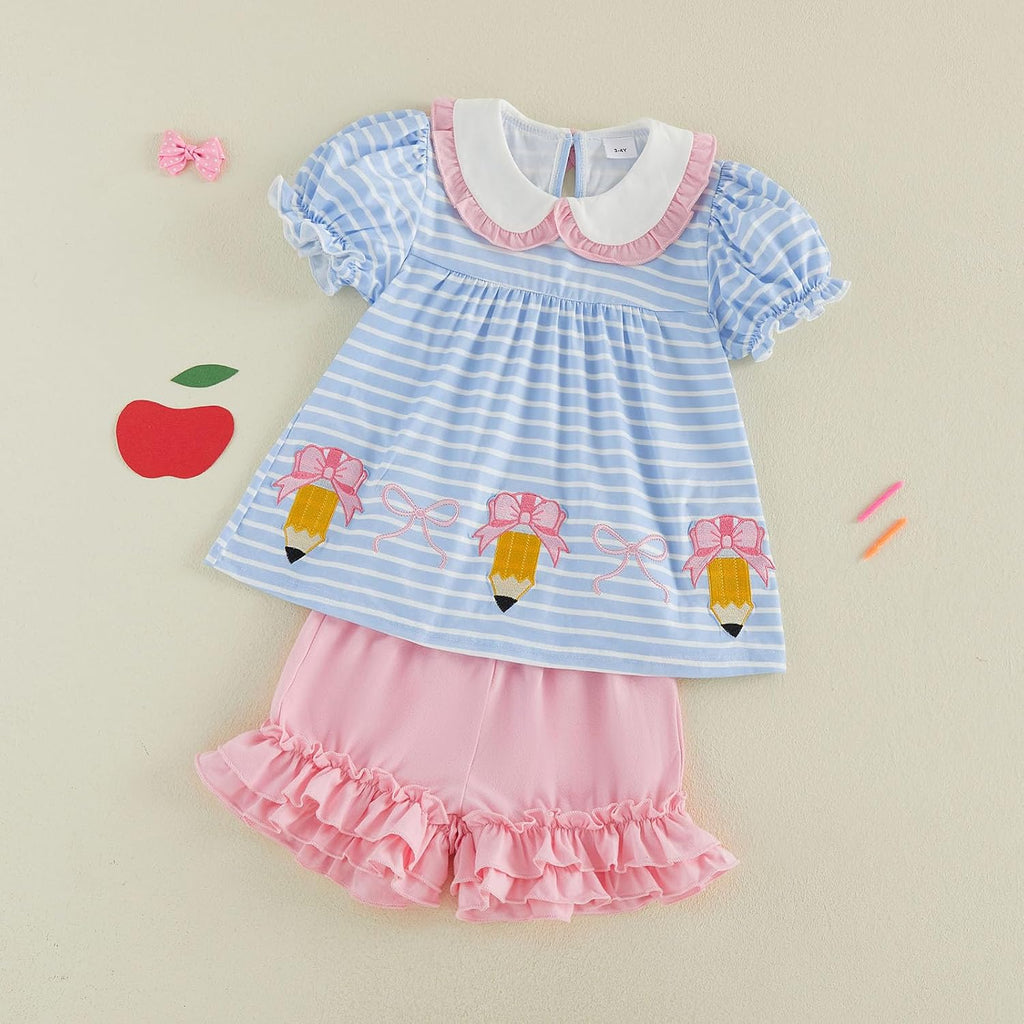 Toddler Girls Back to School Pencil Embroidered Ruffle Shorts Set