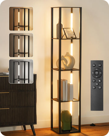 64.2" Display Shelf with Light, Modern Corner Floor Lamp with Shelves, LED Dimmable Standing Lamp with