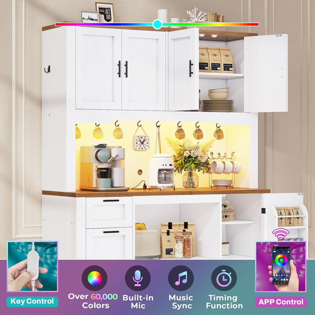 71" Pantry Cabinet with Charging Station and LED Light, Kitchen Pantry Cabinet with Microwave Stand, 47.2" Wide