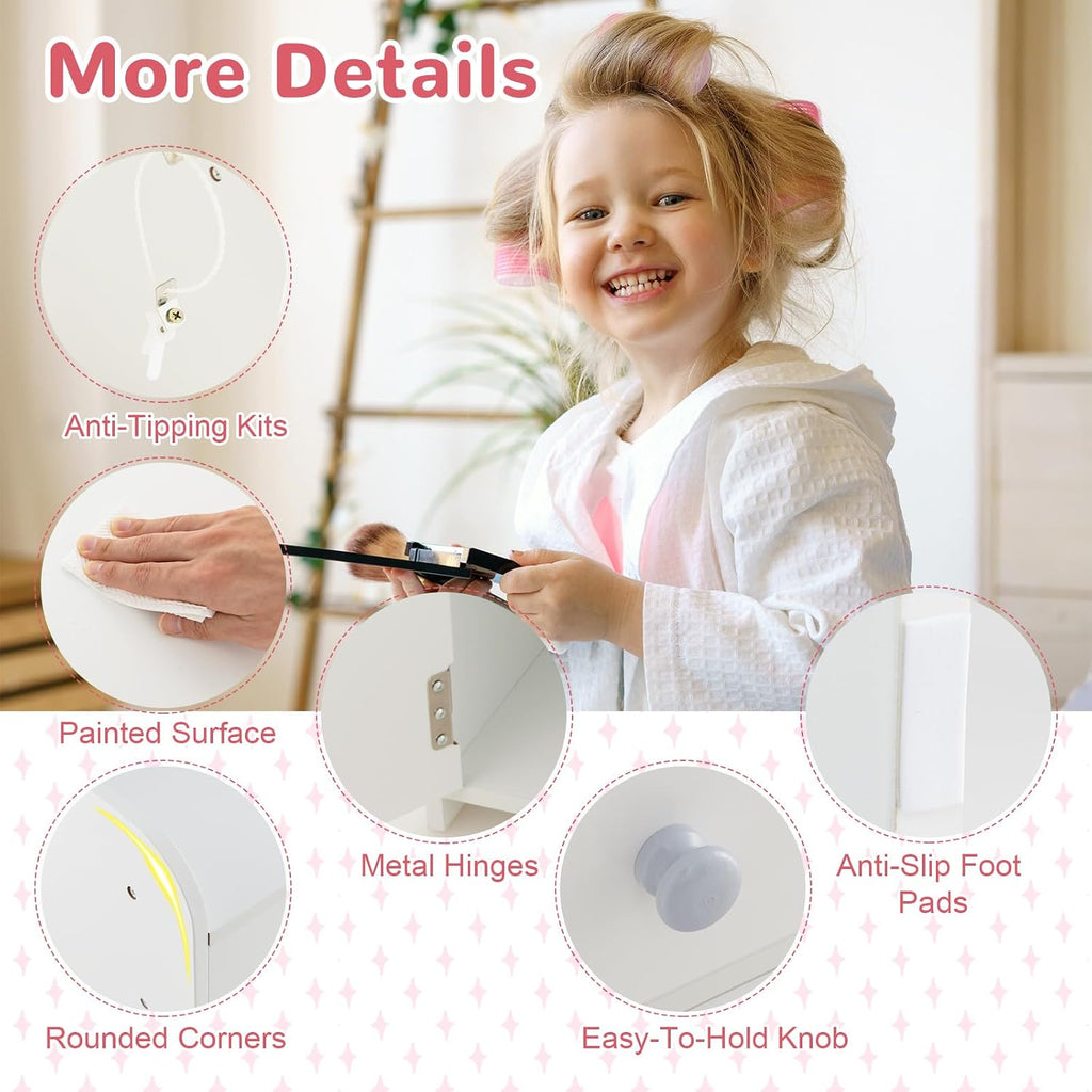 Kids Vanity Table and Chair Set with LED Lighted Mirror (White)