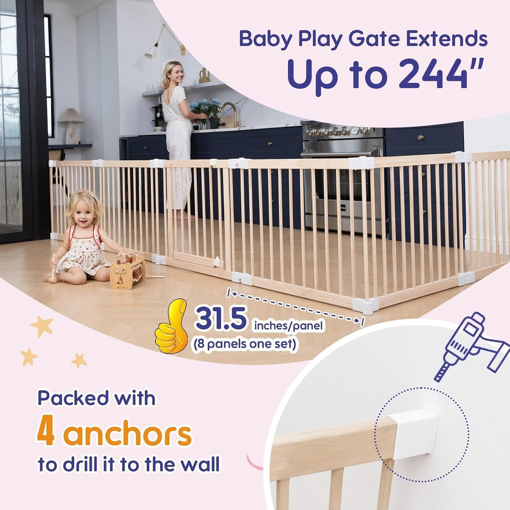 Foldable Wooden Playpen Baby Gate for Babies 3-18 Months-5.3x5.3 ft | 25" Tall Wood Playard Double-Locking for