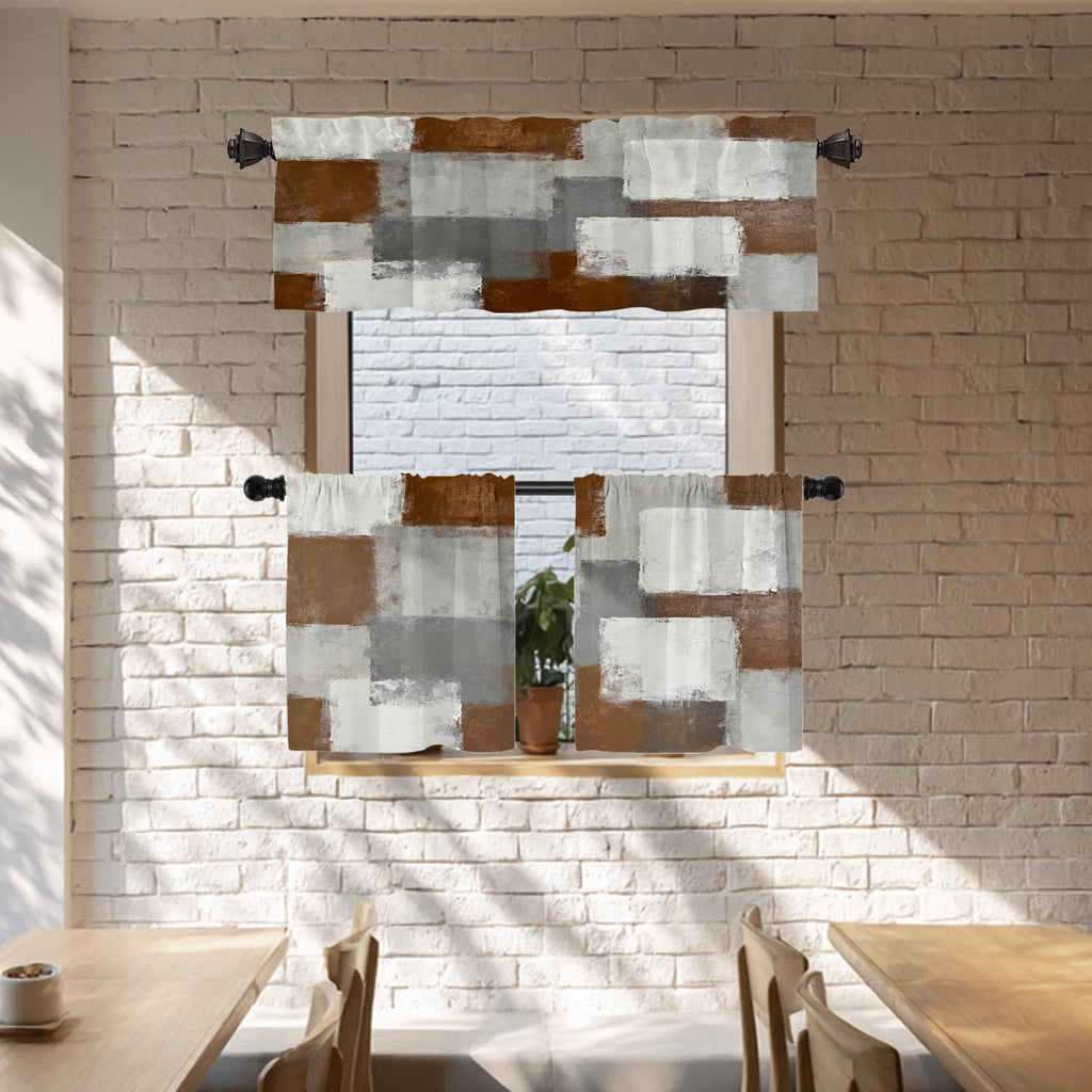 Umber Abstract Brush Painting Valance Curtains, Green Modern Window Treatment Kitchen Valances Multilayer Polyester