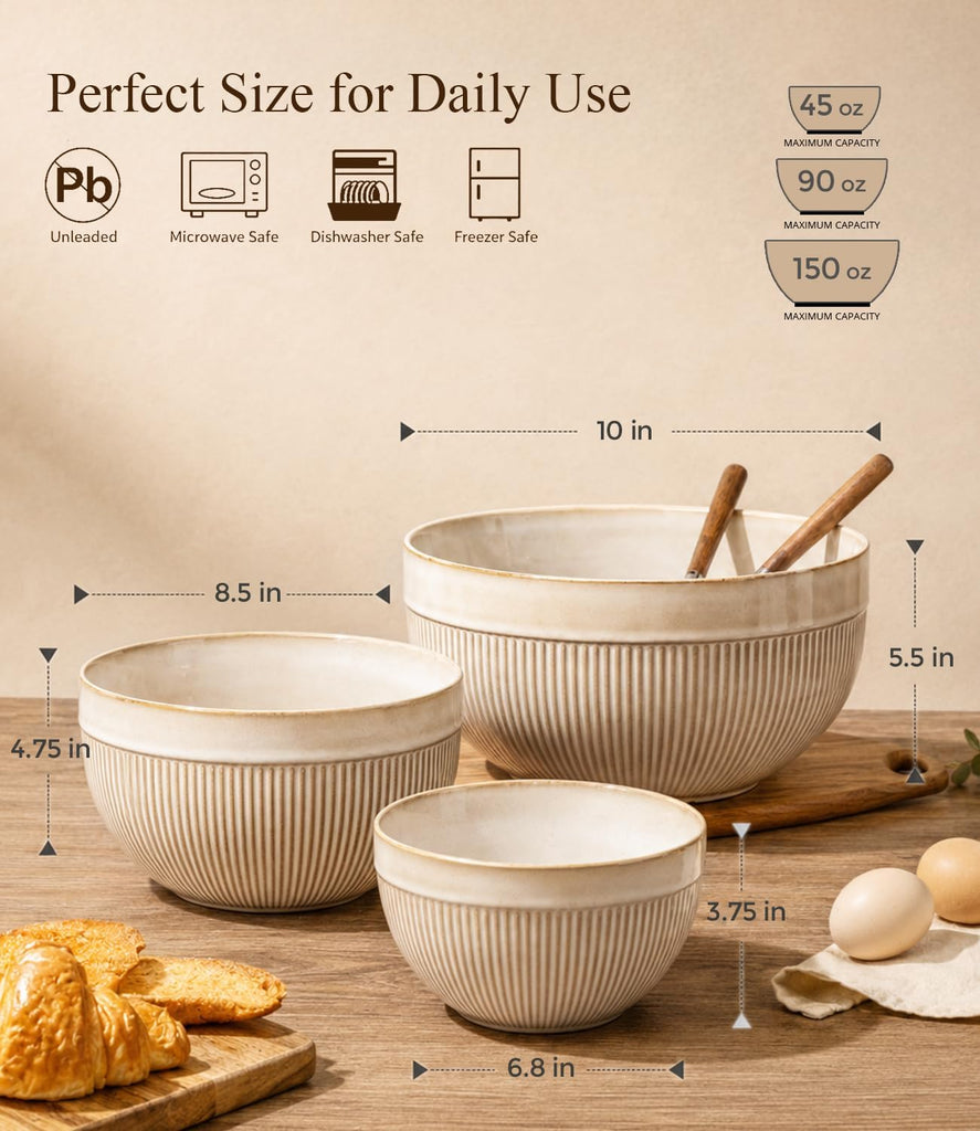 Ceramic Mixing Bowls Set of 3, Stoneware Nesting Serving Bowls | 45/90/150 oz For Prep, Baking, Serving, Gift