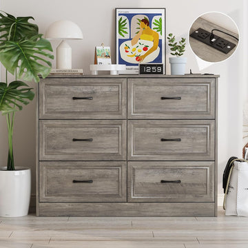 Dresser , 6 Drawer Wide Dresser Organizer with Charging Station, Tall Dresser , Wood Dresser with Metal Handles, Ash