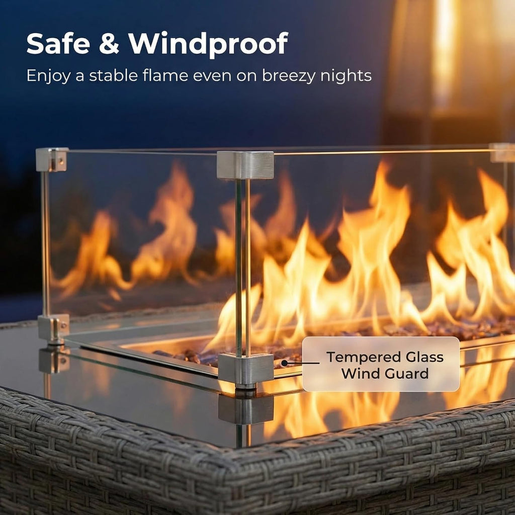 40" Propane Fire Pit Automatic Ignition, 55000 BTU Outdoor Fire Pit with Dust Cover, Rattan Rectangular Design Featuring Glass Windshield, Fire Pit - Image 4