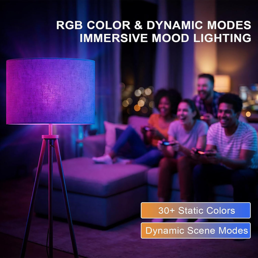 58.3" Mid-Century Tripod Floor Lamp with Shelf, Hidden Wiring, RGB Dimmable Bulb Included, Remote & App Control