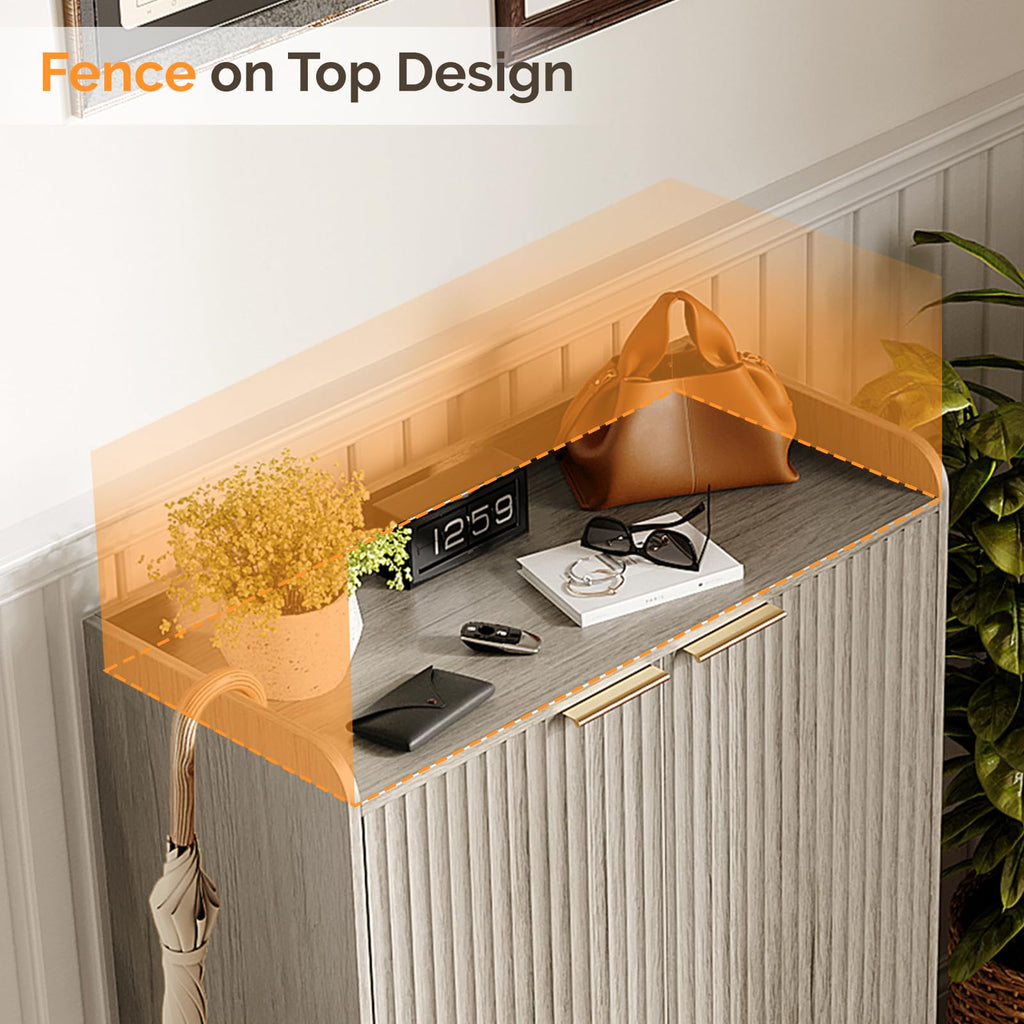 Shoe Cabinet with Fluted Doors, 6 Tier Large Wooden Entryway Shoe Storage Cabinet with Adjustable Shelves, 44.5" Tall