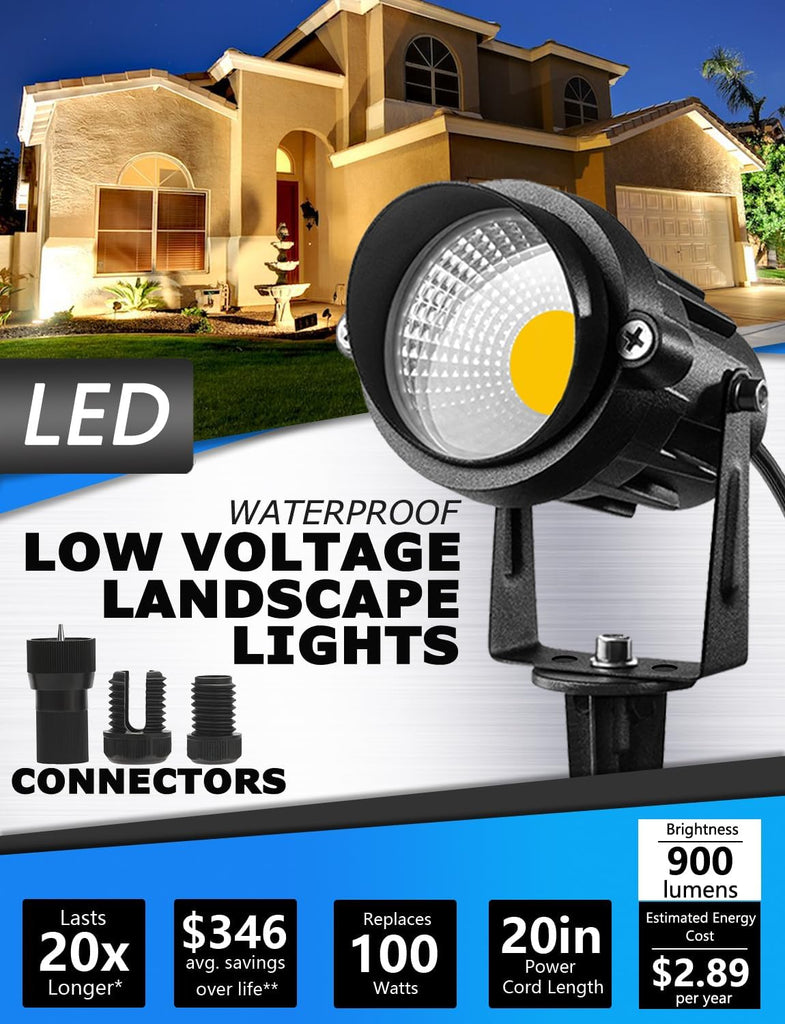 12V Low Voltage LED Landscape Lights Outdoor with Spike Stand 8Pack | 12-24V 3000K Waterproof 900LM Yard Pathway