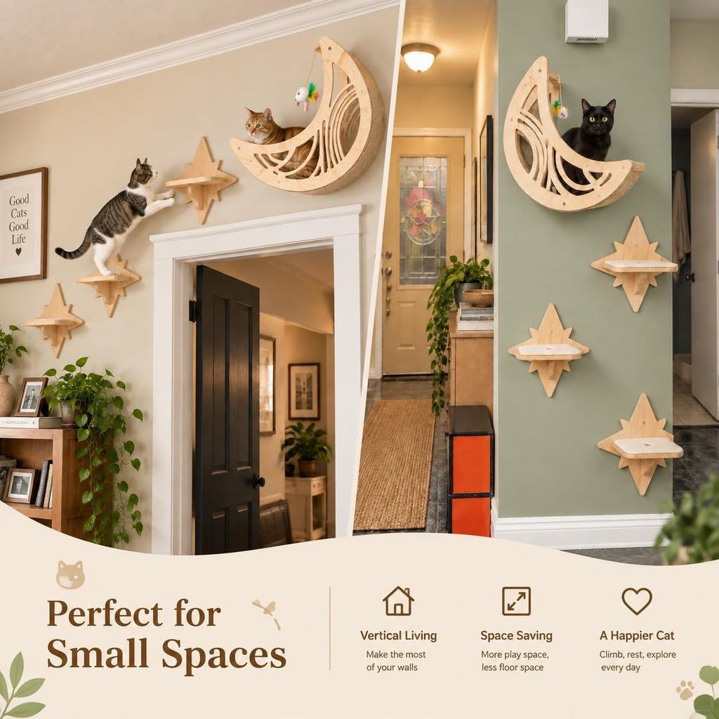 Cat Wall Shelves, Moon & Star Cat Shelves, Wooden Cat Wall Furniture