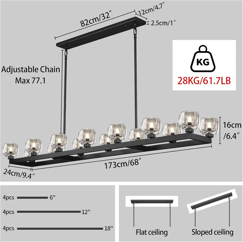 68 Inch Black Rectangle Chandeliers for Dining Room, Black Rectangular Chandelier Over Table, Modern Crystal Long Chandelier for High Ceiling, Farmhouse Large Linear Chandeliers for Kitchen Island A126-B0DT49JWDN