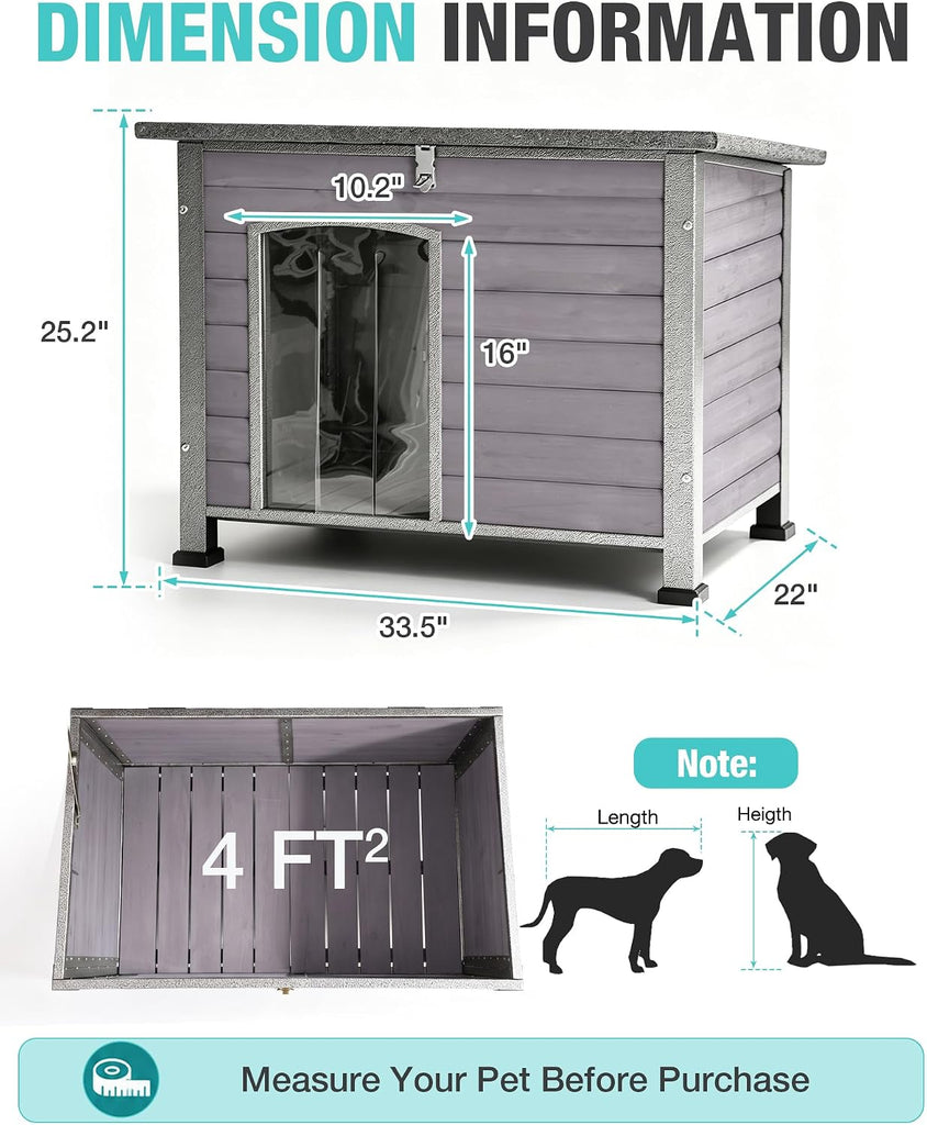 Feral Dog House Outdoor, Anti Bite Iron Frame Dog Kennel, Wood Warm Pets Home, Insulated Weatherproof Outside Shelter