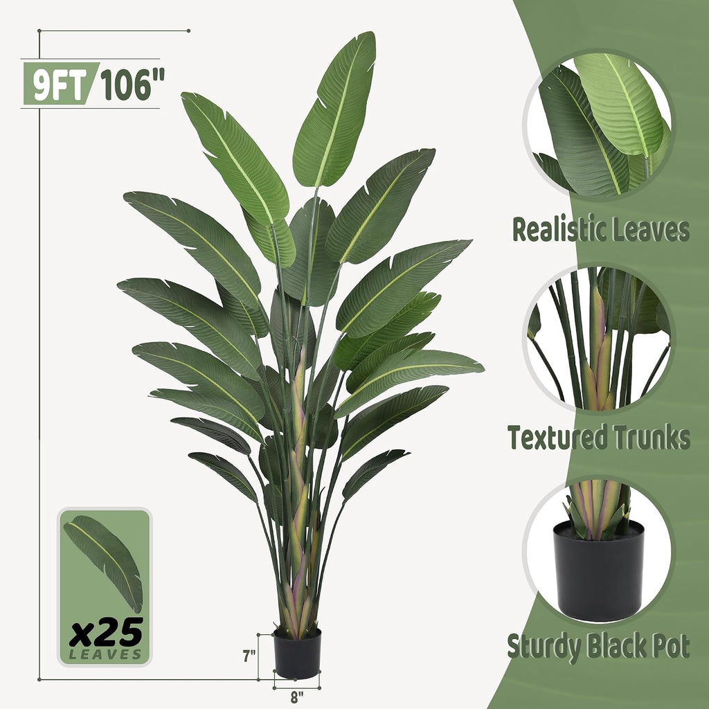 Artificial Bird of Paradise Tree 9FT 25 Thick Matte Texture Leaves Realistic Tall Large Faux Tropical Traveler's Palm