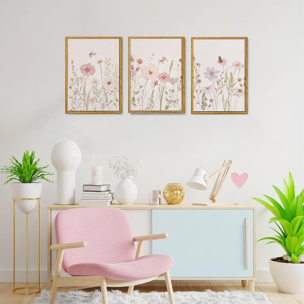 3 Piece Framed Wall Art Wildflower Wall Decor Botanical Canvas Art Floral Pictures Watercolor Paintings Pink Artwork