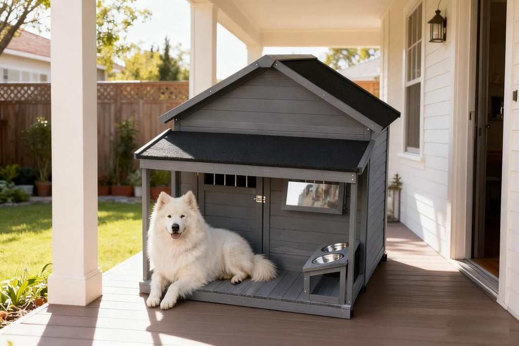 Large Outdoor Dog House, 44.2 x 44.6 x 44.6 inches, Weatherproof Wood Construction with Asphalt Roof, Covered