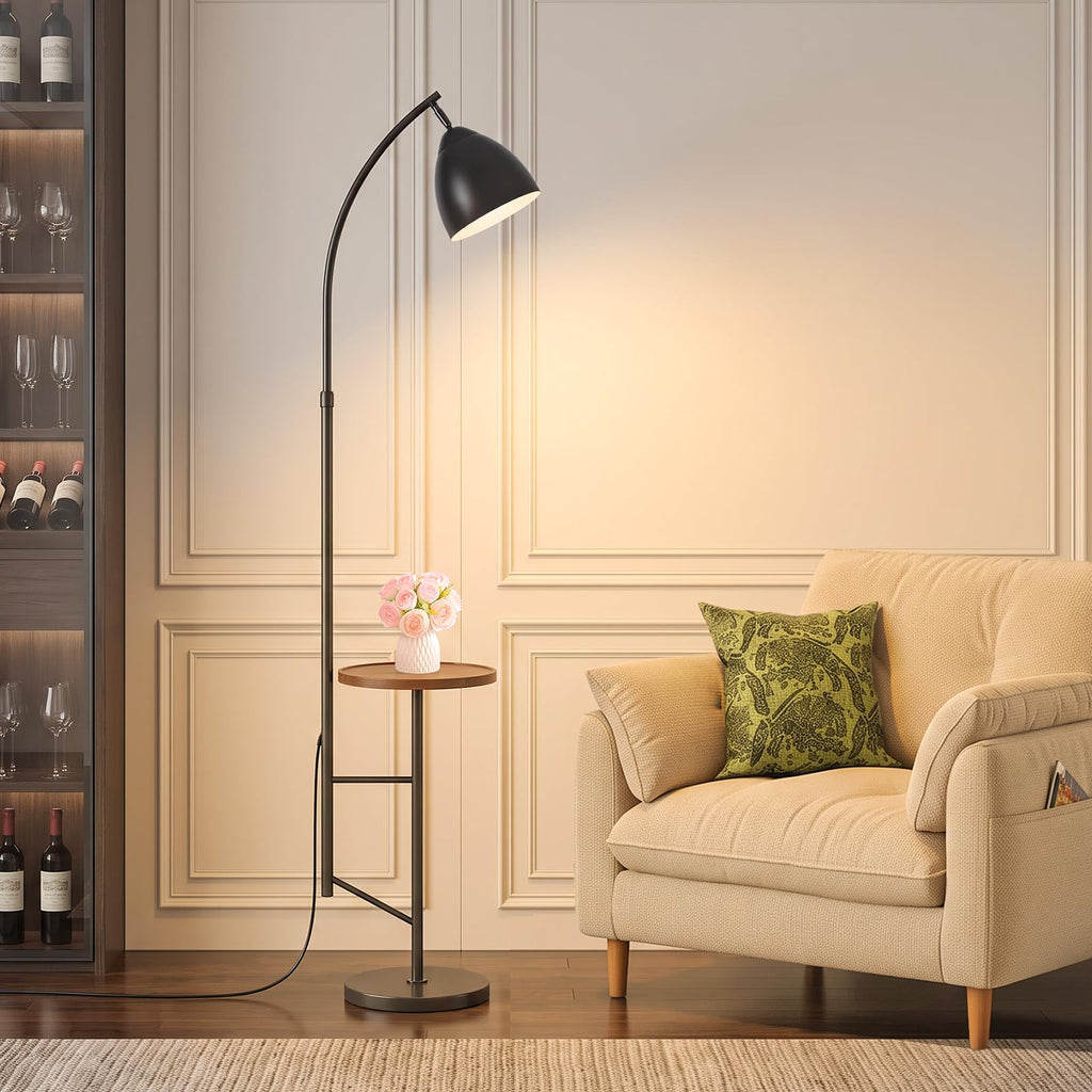 Black Arc Floor Lamp with Table, Adjustable Height & Iron Head
