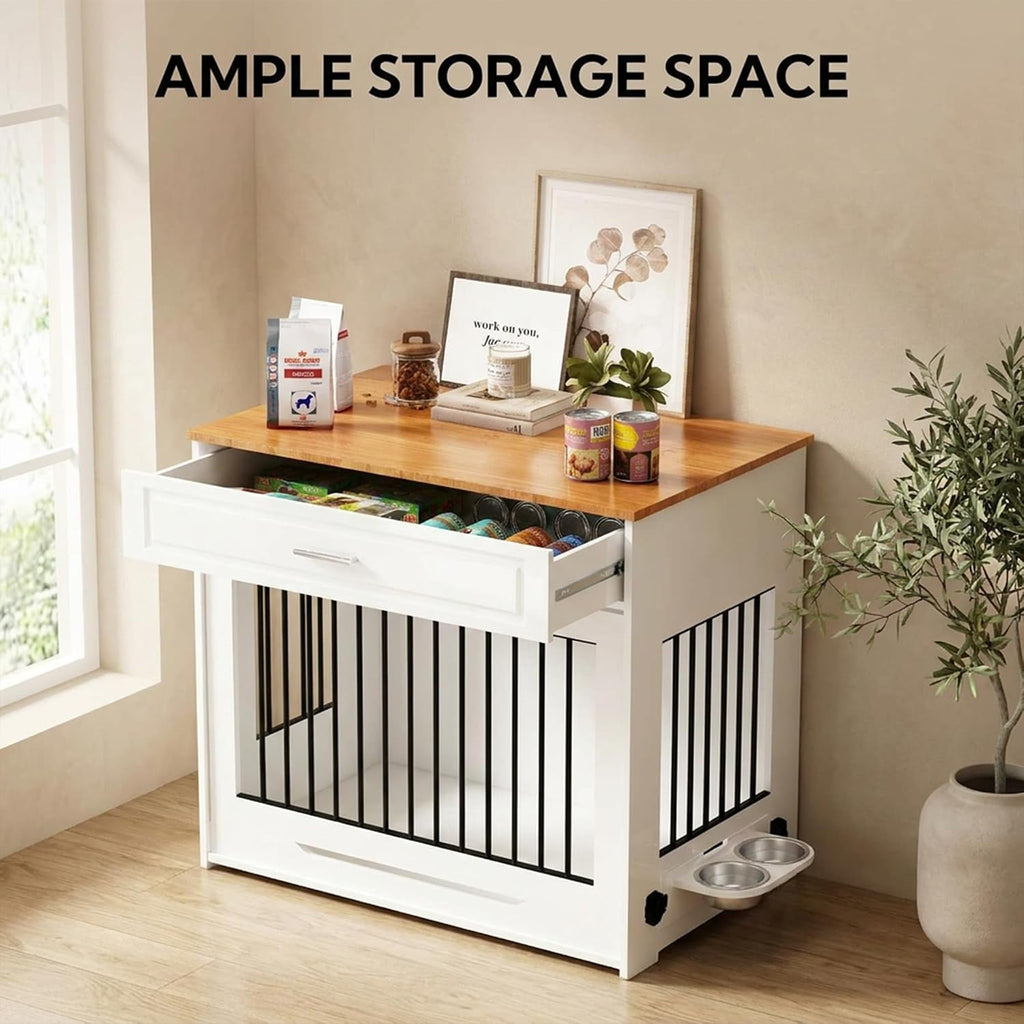 Wooden Flip-Up Door 360° Rotating Dog Bowl & Storage Drawer Furniture Style Dog Crate, White