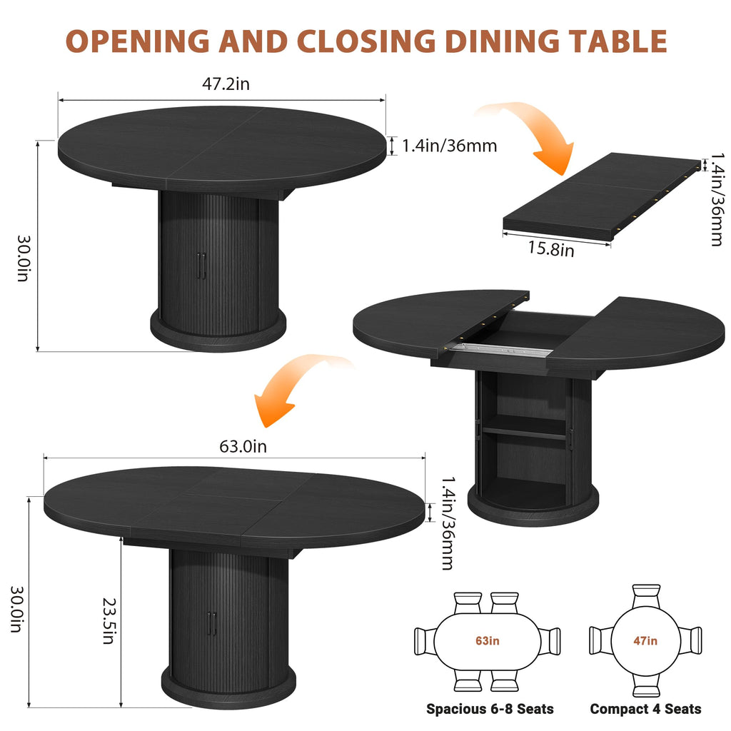 Extendable Round Kitchen Dining Room Table for 4-6 with 2-Tier Storage Shelf, 63'' Space Saving Expandable Wood Oval