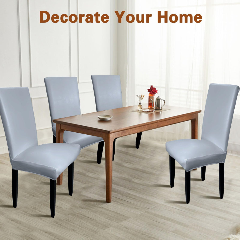 Gray Leather Chair Covers for Dining Chairs Set of 6, Faux Leather Dining Chair Covers Removable Wipeable Parson