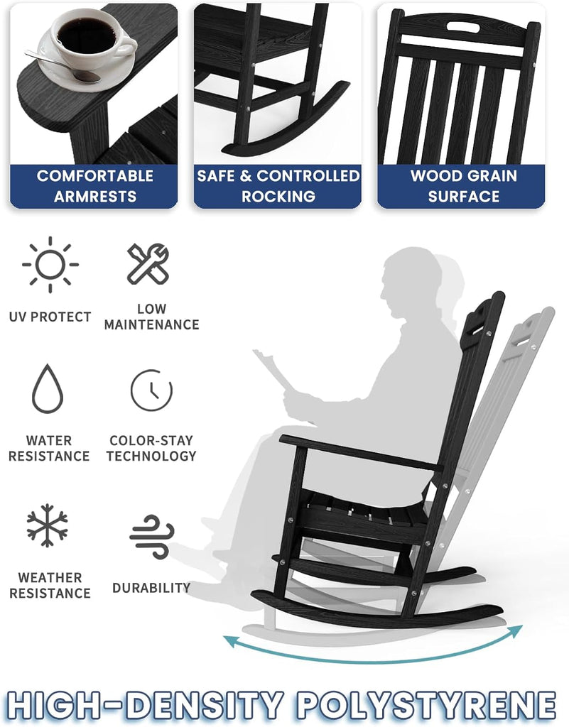 Outdoor Rocking Chair, High Back HDPE Patio Chair, All Weather Rocker Porch Chair, Lawn Chair for Deck, Porch