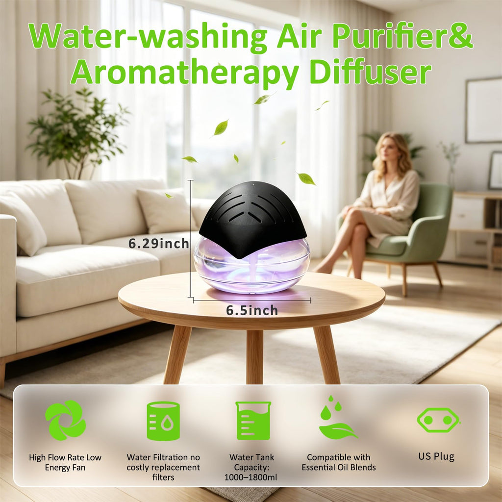 Water Filter Air Washer, Air Cleaner Water Air Purifier with 6x10ml Essential Oil Diffuser & Humidifier, Rainbow Air