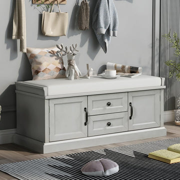 Storage Bench with Drawers and 2 Cabinets, Shoe Bench with Removable Cushion Hallway Foyer Living Room Bedroom, Shoe