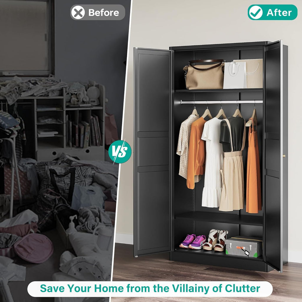 Metal Wardrobe Cabinet with Hanging Rod, Black Armoire Wardrobe Closet, Metal Clothing Storage Cabinet with Adjustable