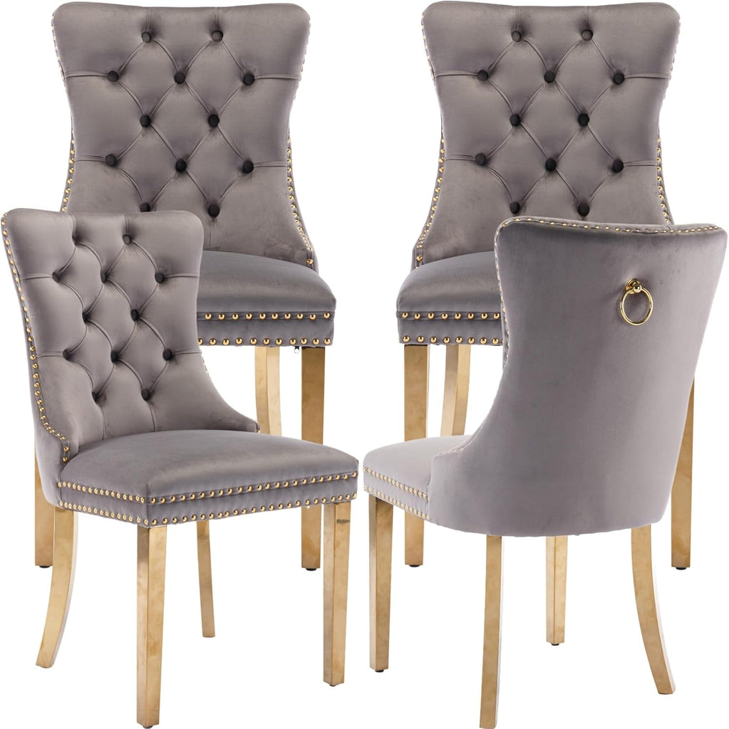 Grey Velvet Dining Chairs Set of 4, Upholstered Tufted Kitchen Chairs with Gold Legs, Mid Century Modern Dining Room