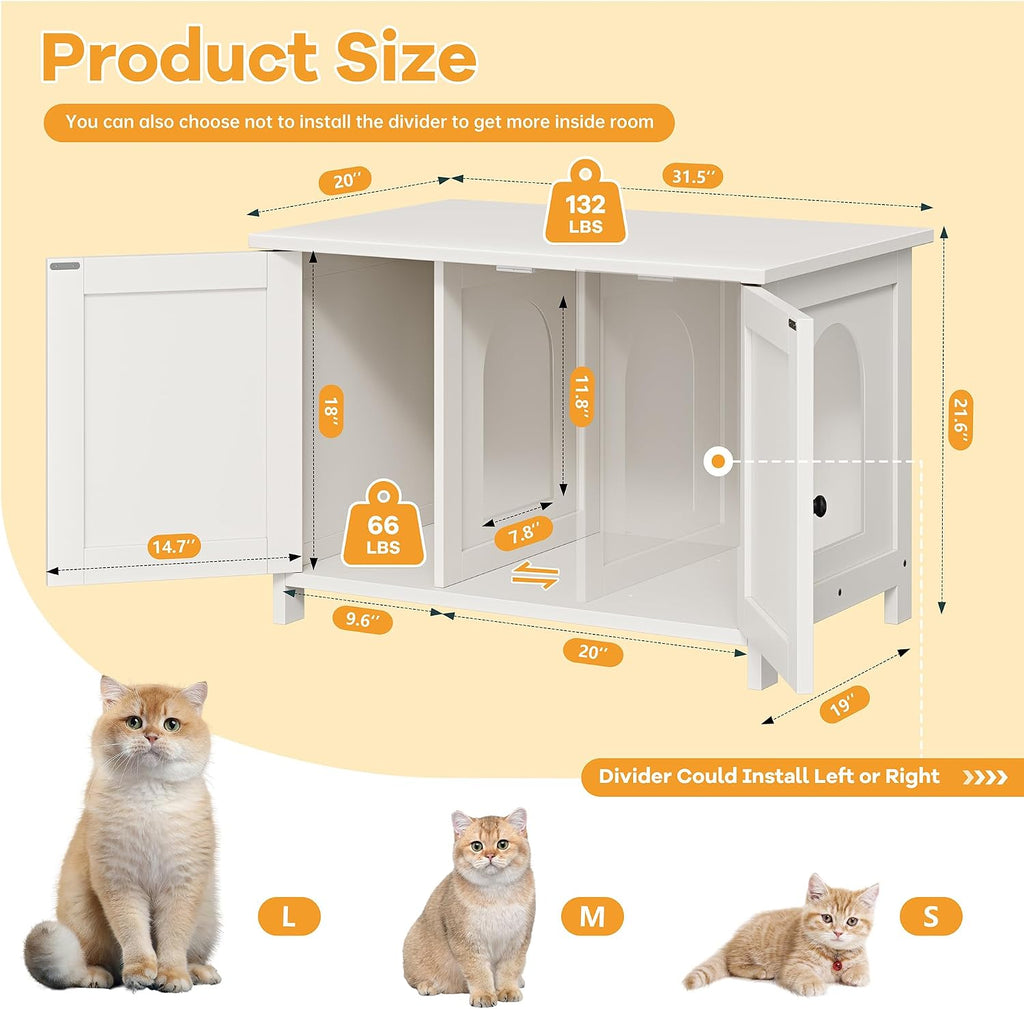 Cat Litter Box Enclosure, Litter Box Furniture Cabinet Hidden with Removable Divider, Wooden Cat House with End