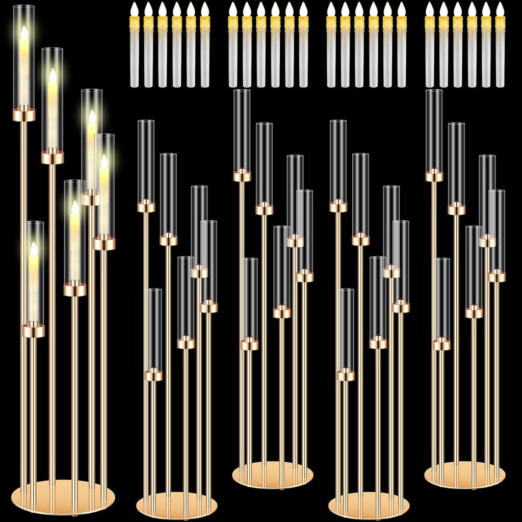 4 Sets Acrylic Candelabra Centerpieces 46.5'' Tall Clear Candle Holders Pillar Taper Candlestick with Lampshades 6