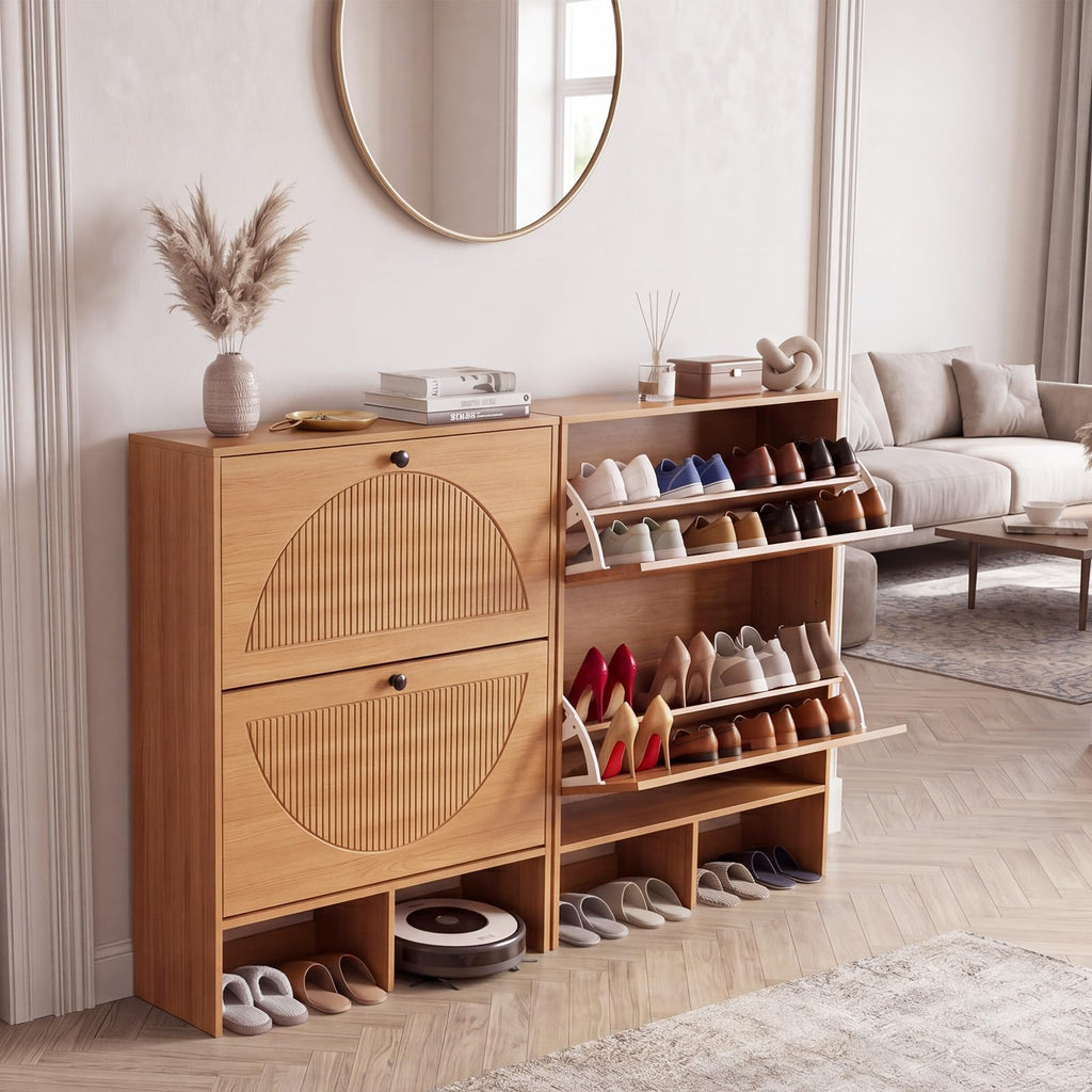 Shoe Cabinet with 2 Flip Drawers, Narrow Shoe Cabinet Storage, Freestanding Shoe Organizer with Adjustable Shelves &