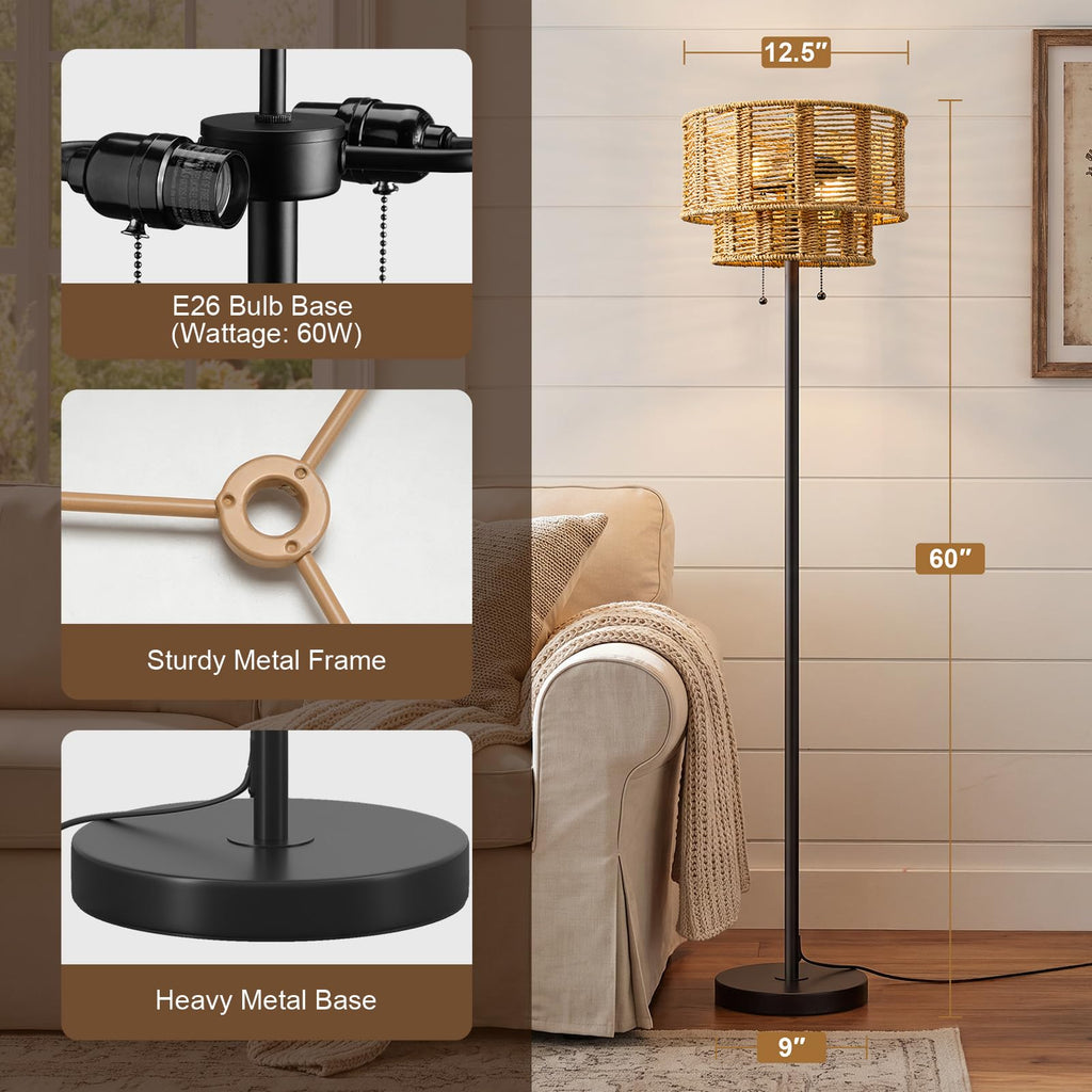 60" Farmhouse Floor Lamps, Pull Chain&Rattan Shade