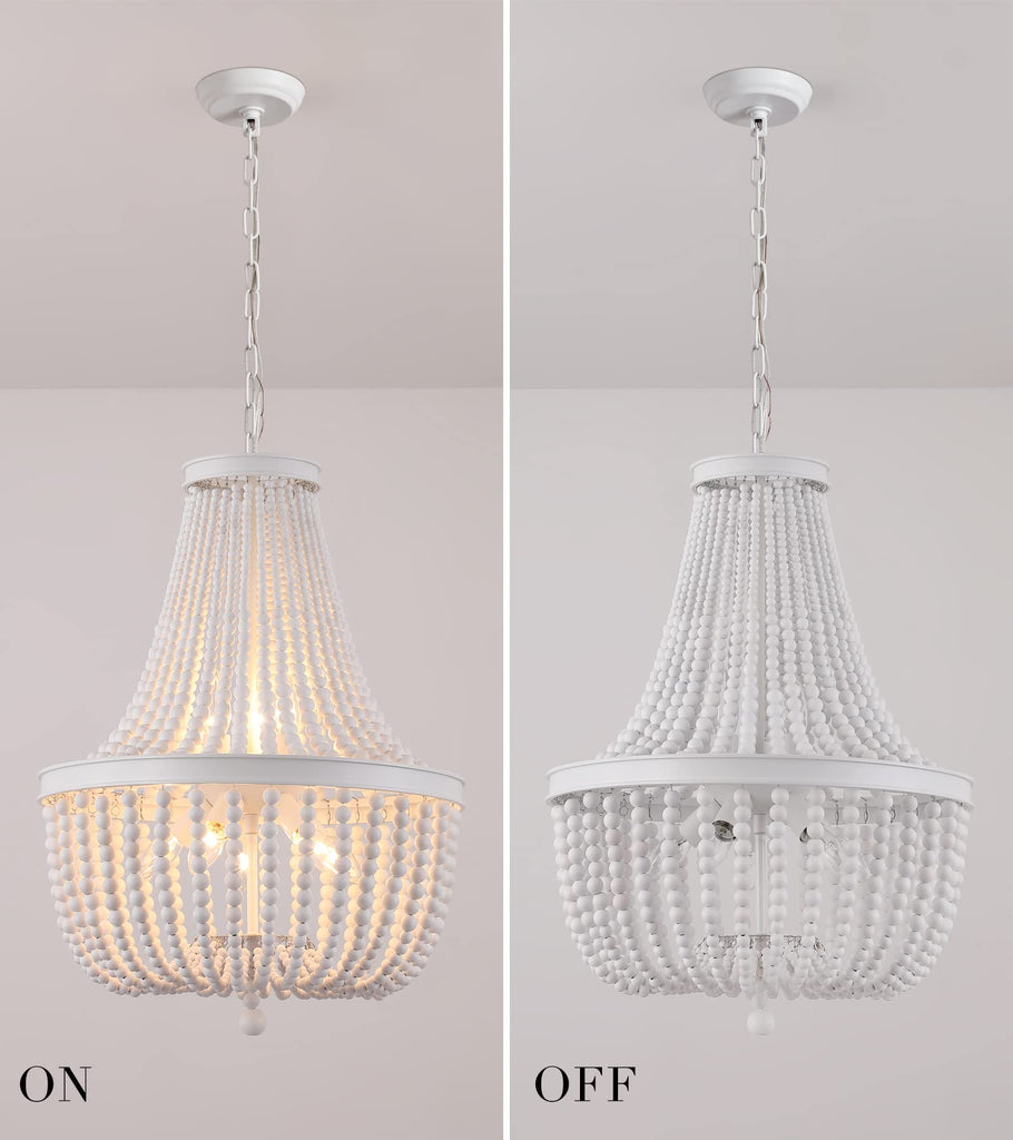 Beaded Chandelier Farmhouse White Wood Beaded Boho Light Fixture Vintage Antique 8 Lights Nursery Kitchen Foyer