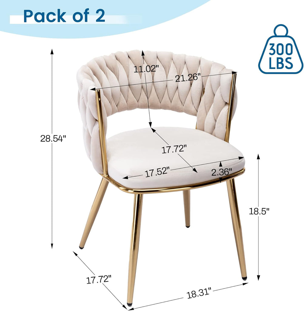 KCC Modern Velvet Dining Chairs Set of 2, Upholstered Living Room Chair with Woven Back and Golden Metal Legs