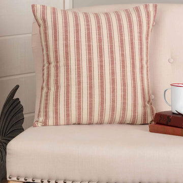 Market Place Red Ticking Stripe Throw Pillow Cover, 20" x 20", Farmhouse Décor Red & Cream w/Buttons, Christmas