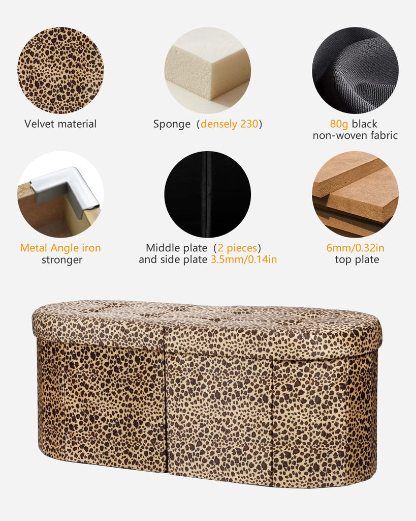 Oval Ottoman Storage Bench, 34" Leather Folding Chest, Leopard
