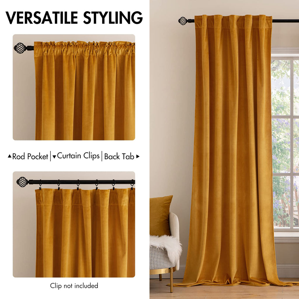 Velvet Blackout Curtains 52x84 inches 2 Panels Mustard Yellow
