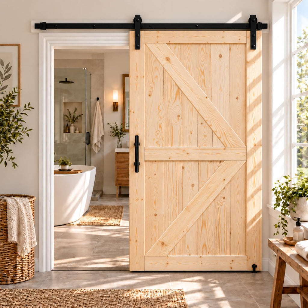 48in x 84in Unfinished British Brace Knotty Barn Door with Sliding Hardware Kit/Solid Wood/Sliding Door/Double