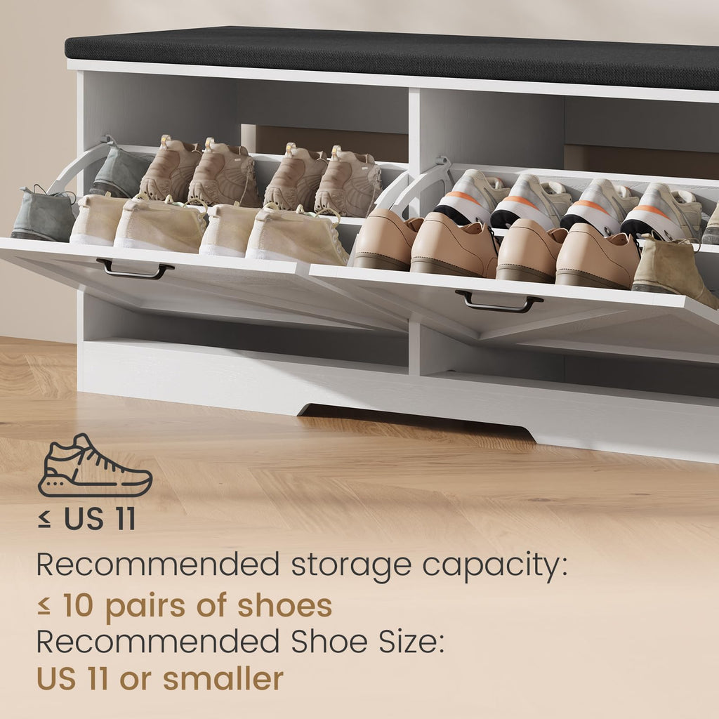 Farmhouse Shoe Storage Bench with Seat Cushion & 2 Flip Drawers