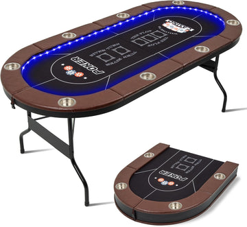 8 Player Folding Poker Tables, Texas Holdem Table with Padded Rails & Cup Holders, Foldable Casino Poker Table, Oval