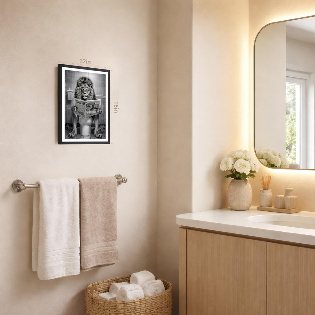 Wood Framed Funny Lion Bathroom Wall Art, Lion Reading Newspaper Toilet Wall Decor, Black and White Bathroom Canvas