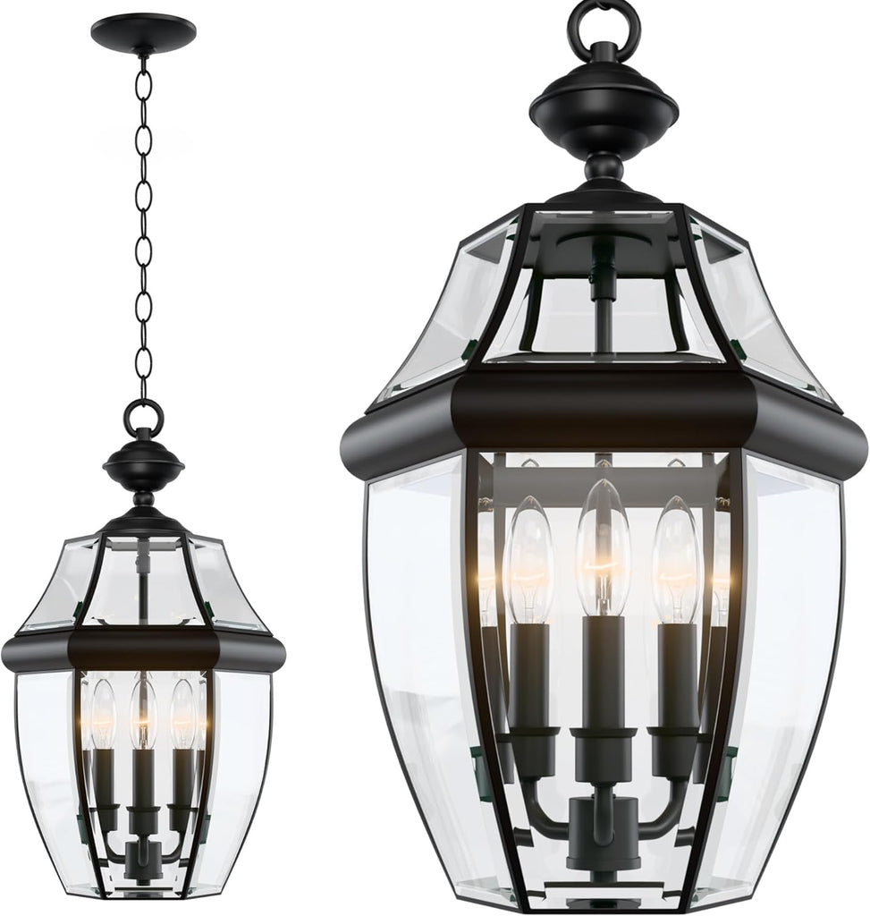 Large Outdoor Pendant Light Fixture 3-Light, 20in Modern Black Outdoor Chandelier Hanging Porch Light