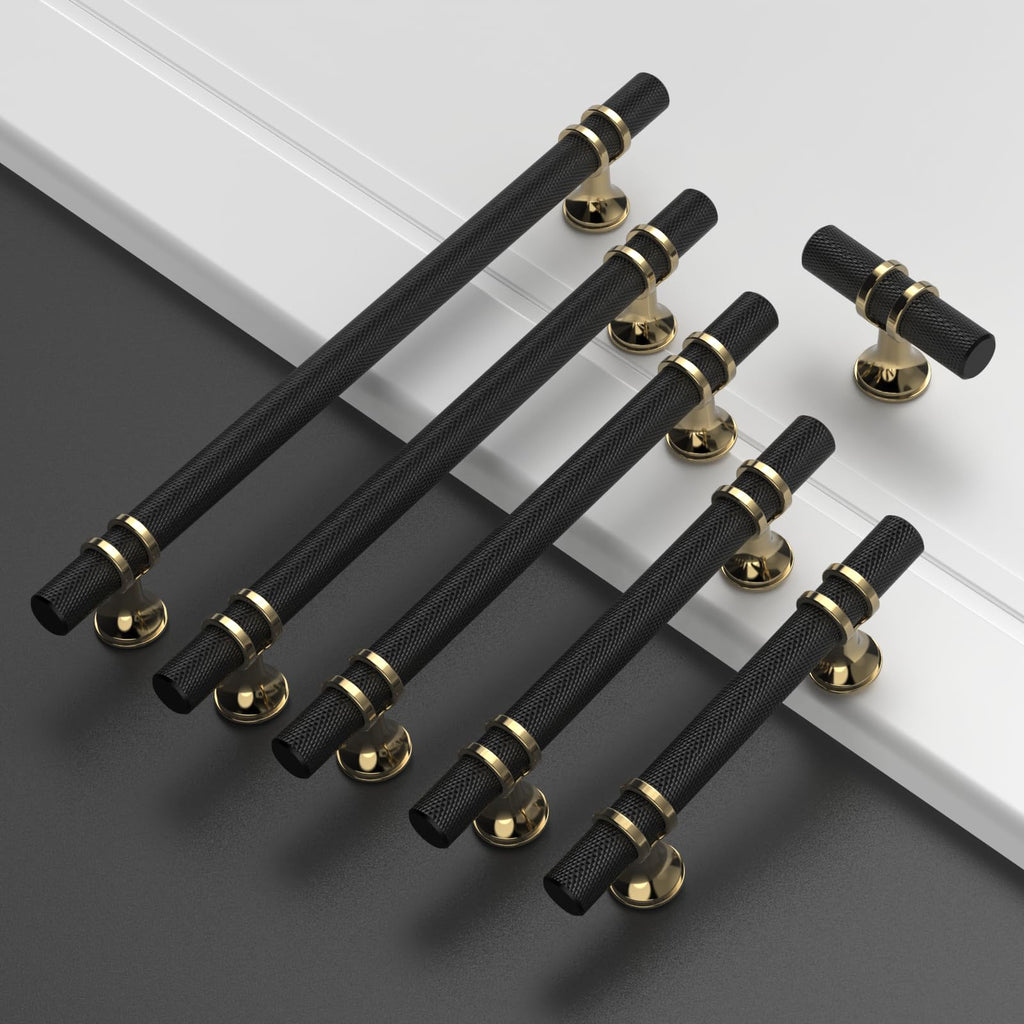 10 Pack Knurled Matte Black and Gold Cabinet Pulls 7 Inch Hole Center Kitchen Cabinet Handles for Drawer Dresser