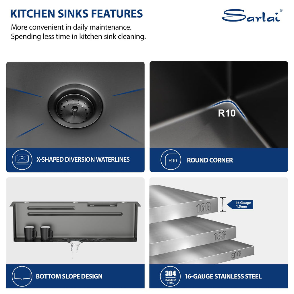 36 Inch Waterfall Kitchen Sink Workstation - 36x22 Black Waterfall Drop In Sink Stainless Steel 16 Gauge Sink