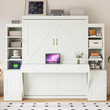 Queen Murphy Bed with Desk & Storage, Wood Wall Bed for Apartments Bedroom Home Office Studio (White#B, Queen)